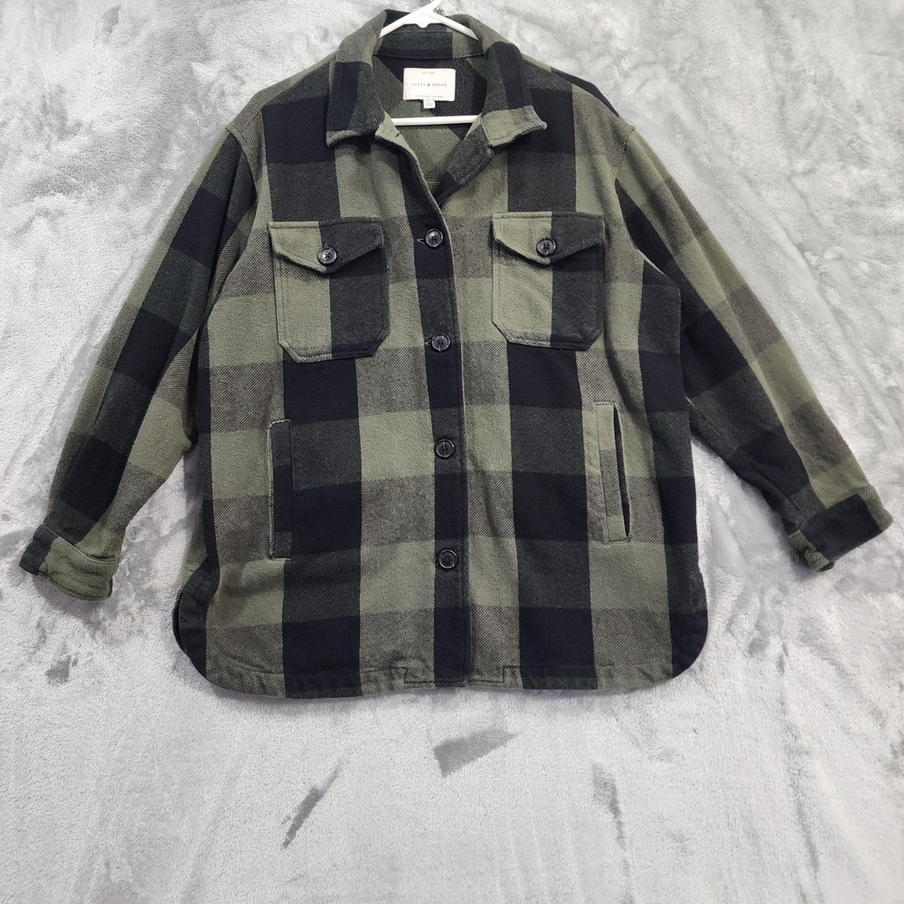 Lucky Brand Jacket Mens M Green Black Plaid Flannel Shacket Military Heavyweight